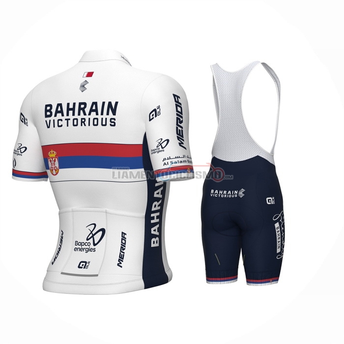 2024 Abbigliamento Ciclismo Serbian Campione Bahrain Victorious Bianco Rosso Blu Manica Corta e Salopette
